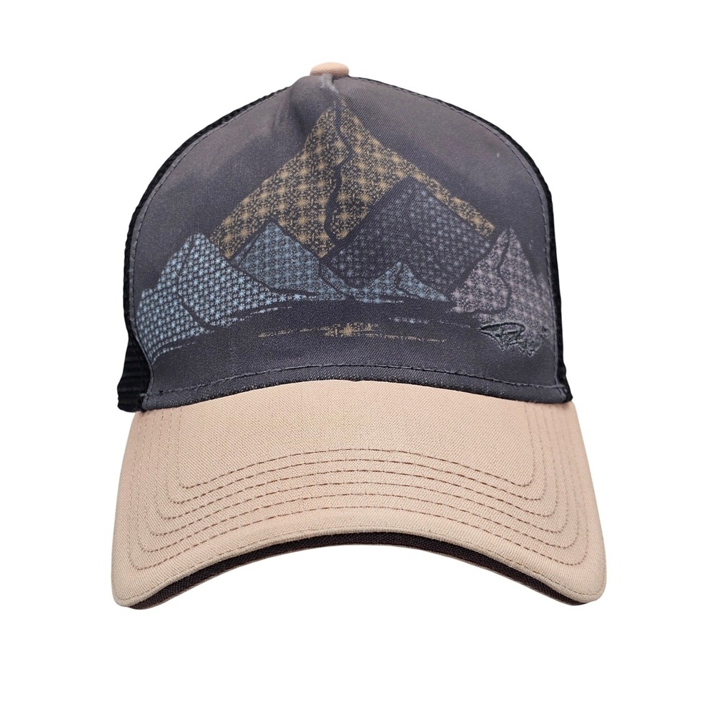prAna Mountain Graphic Trucker Hat Black Mesh Tan Snapback Outdoors Hiking Cap